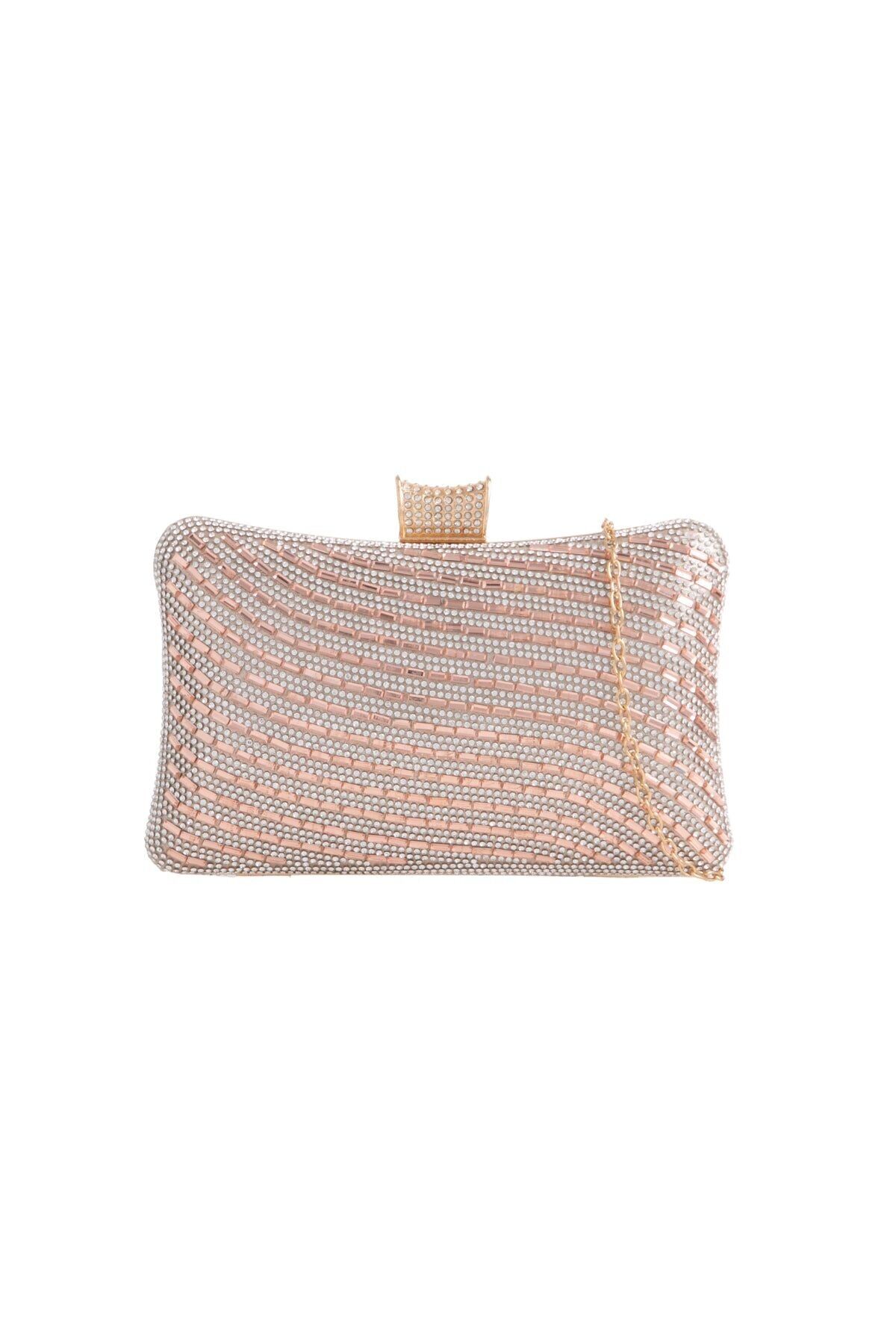Champagnerfarbene Clutch mit Strasssteinen