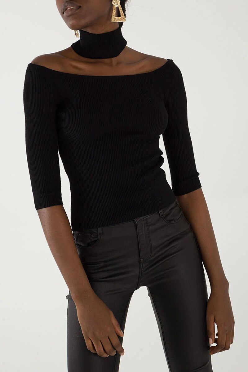 Black Cut-Out Shoulder Rib Jumper