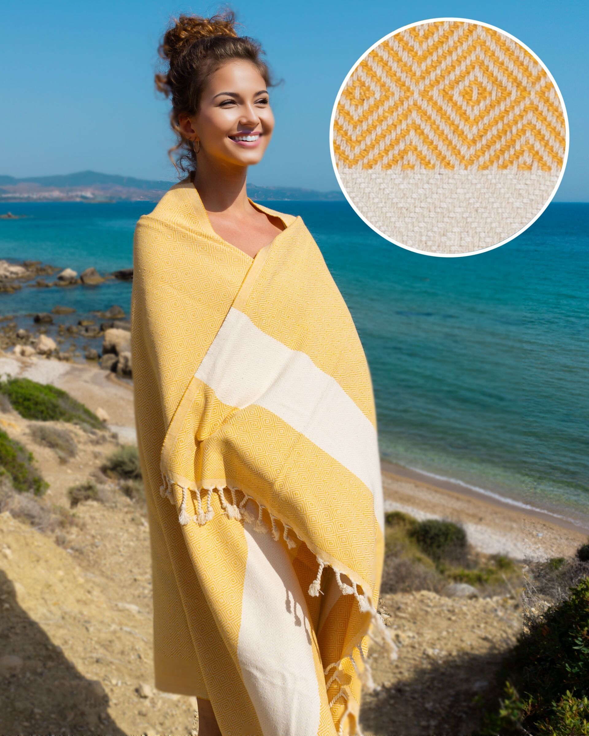 DIAMANT Cotton Turkish Hammam Towel & Multi-Purpose Shawl – Yellow (180x100 cm)