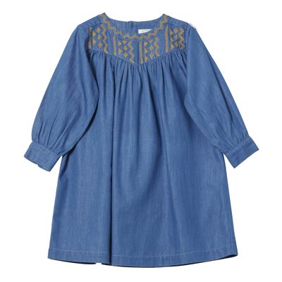 Denim and denim/indigo plaid embroidered dress