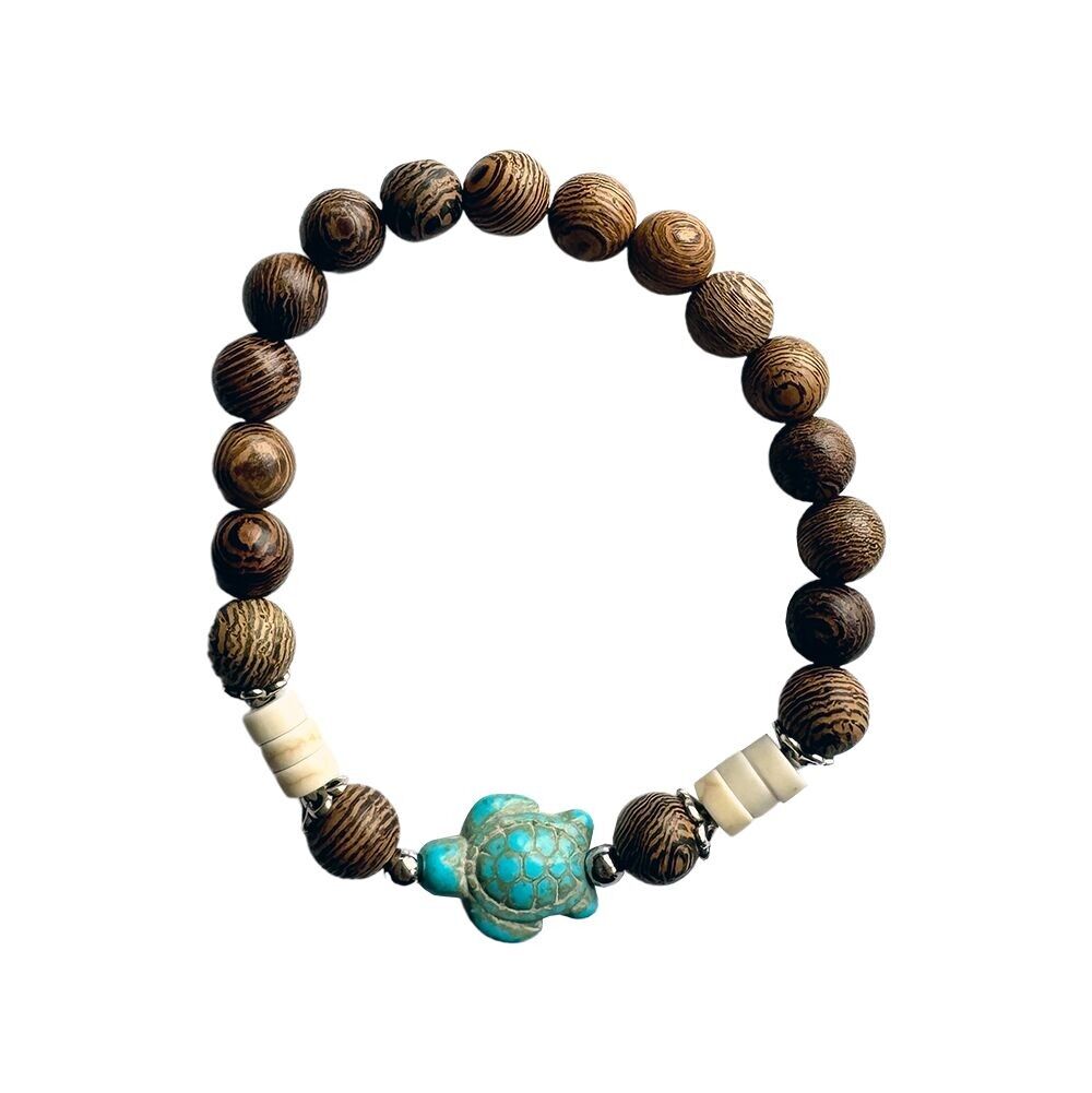 Bracciale in legno con turchese sintetico, tartaruga marina turchese