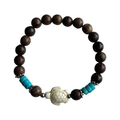 Pulsera de madera con turquesa sintética, tortuga marina blanca