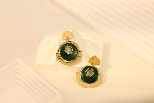 Boucles d'Oreilles Pendantes Dorées Soleil Vert Foncé