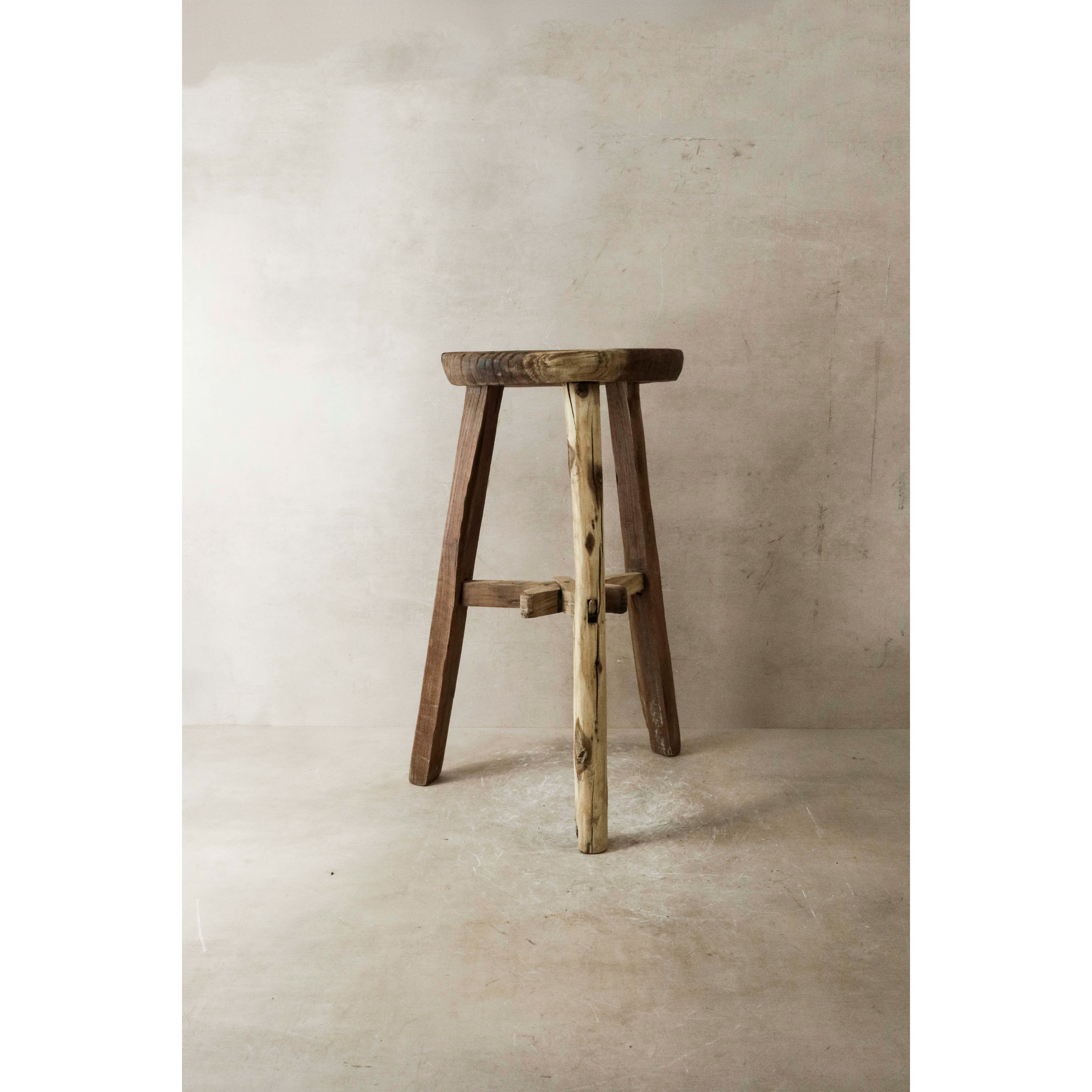 Tabouret rustique vintage en bois d'orme - Rond - N° 23
