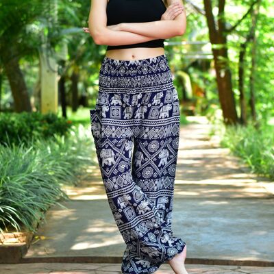 Pantalones harén de corte pequeño con estampado de elefante negro de Bohotusk (talla 4 del Reino Unido)