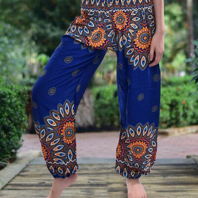 Pantalones harén con cintura elástica fruncida y estampado floral tailandés azul Bohotusk para mujer, tallas S/M únicamente