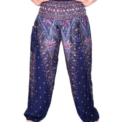 Pantalones harén de corte pequeño con estampado de pavo real morado de Bohotusk (talla 4 del Reino Unido)