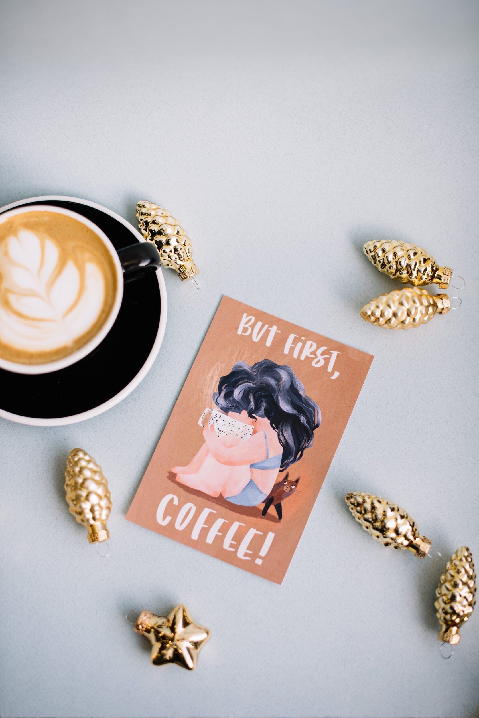 Greeting card 10x15 cm 'But first, coffee!'