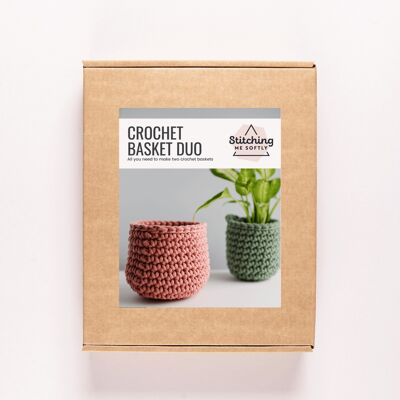 Crochet Basket Duo Kit - Verde azulado y gris claro