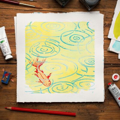 Stampa artistique da parete, Pioggia nello stagno linoleografia