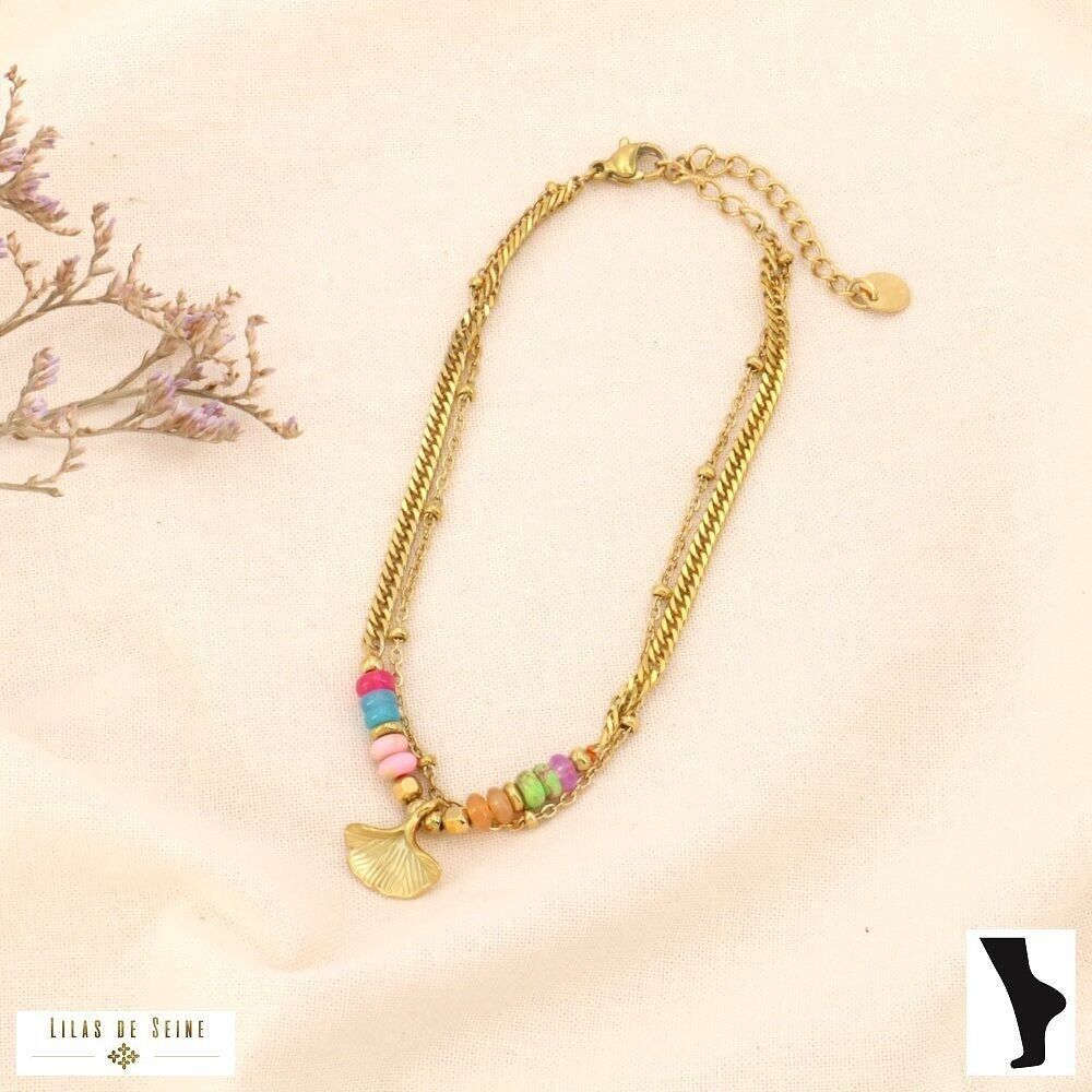 Zweireihige Knöchelkette aus Stahl mit Ginkgostein 0224043