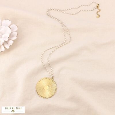 Fine pearl necklace with stylized flower steel pendant 0124008