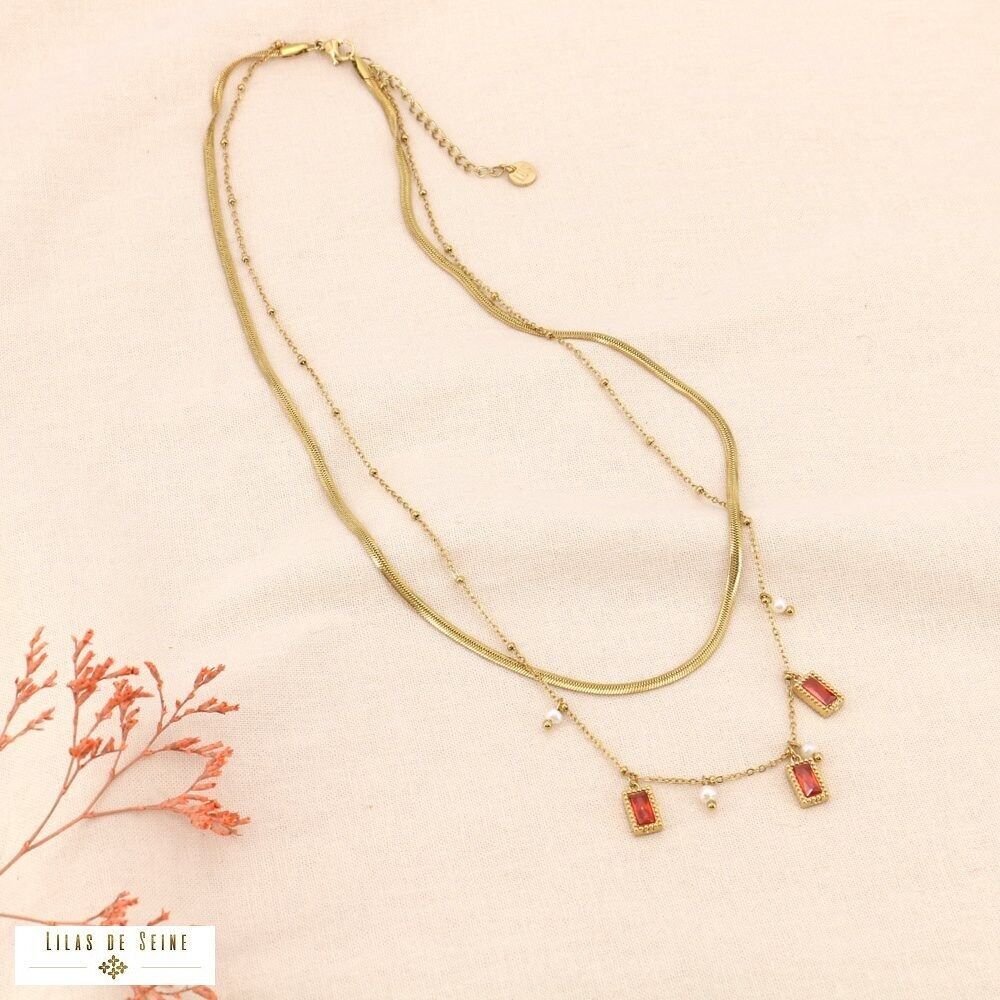 Double-row steel necklace with square rhinestone tassels 0124039