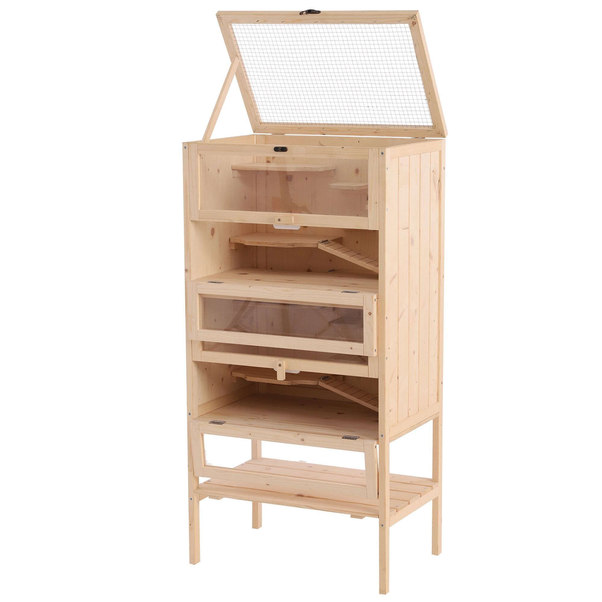 PawHut Gabbia per criceti topi piccoli roditori multilivello 5 piani 10 piattaforme legno di pino 60 x 40 x 120 cm