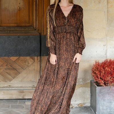 LUREX print long dress with embroidered pearl braid on the sleeves