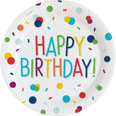 8 platos redondos de papel confeti de feliz cumpleaños