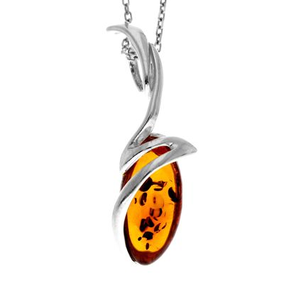 925 Sterling Silver & Genuine Baltic Amber Modern Oval Pendant - GL226