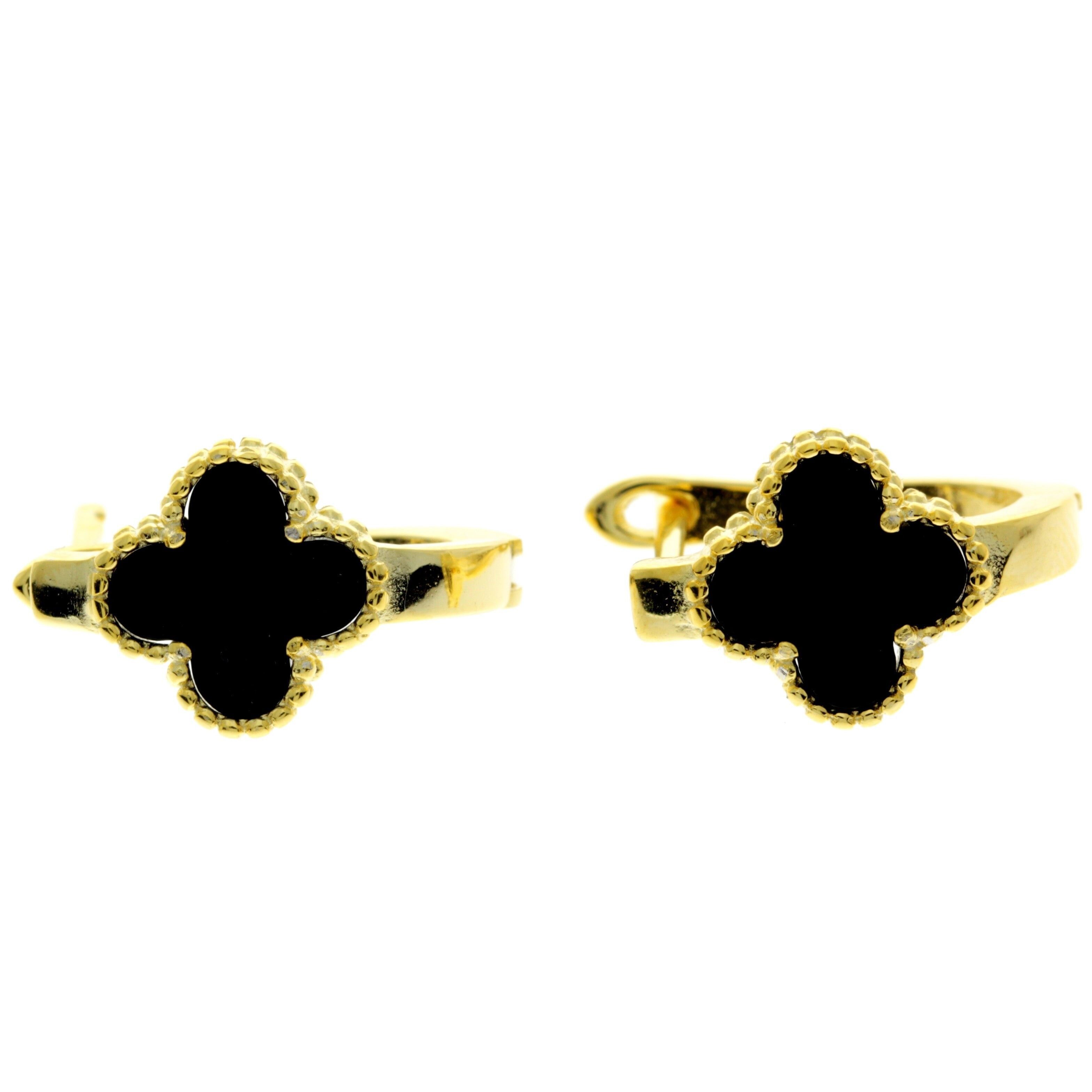 Orecchini in argento sterling 925 placcati oro con trifoglio nero -CH-1107-GP-E
