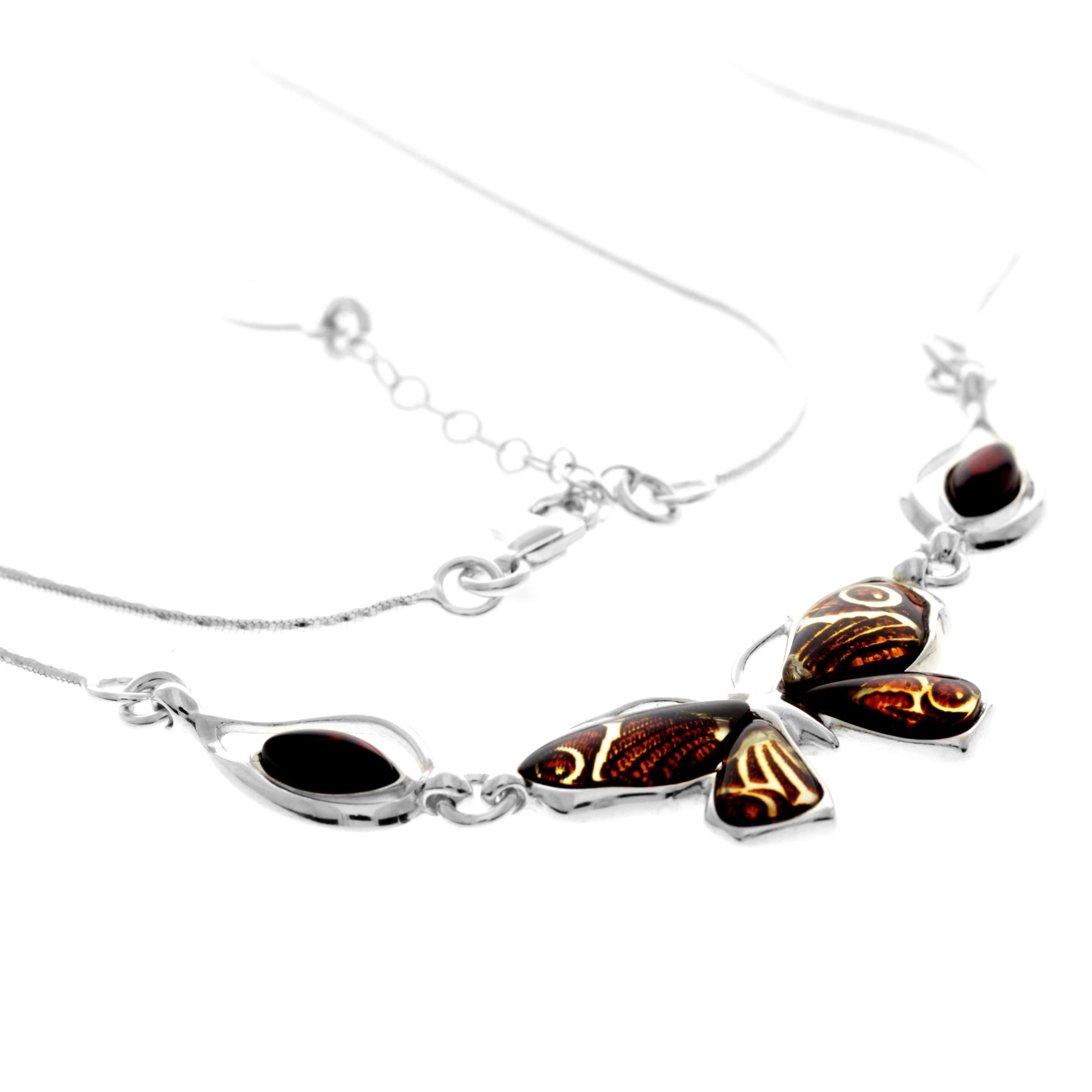 Moderne, exklusive Halskette aus 925er Sterlingsilber und echtem baltischen Bernstein mit mehreren Steinen und Schmetterling - AF900