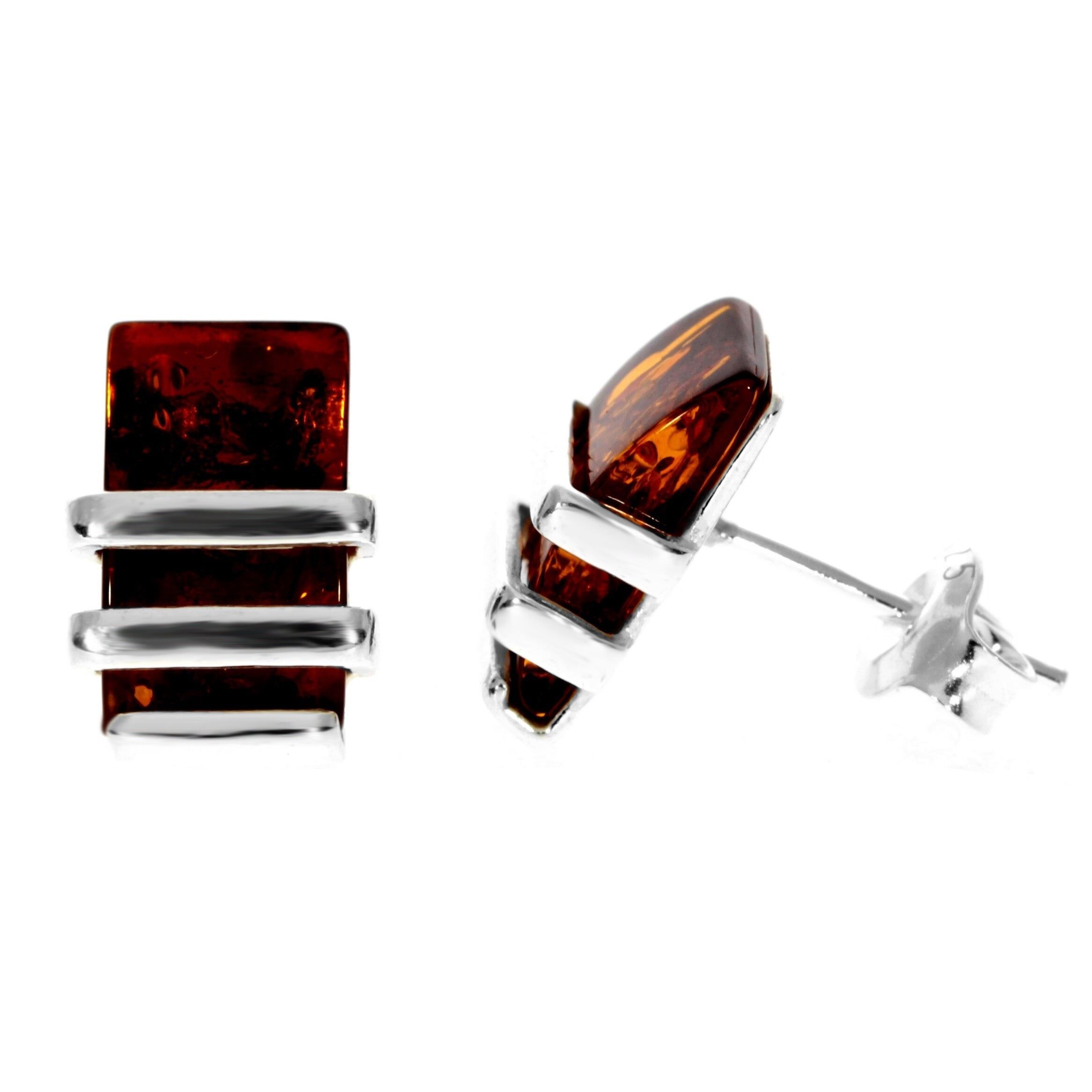 Boucles d'oreilles à tige rectangulaires en argent sterling et ambre véritable de la Baltique - AC009