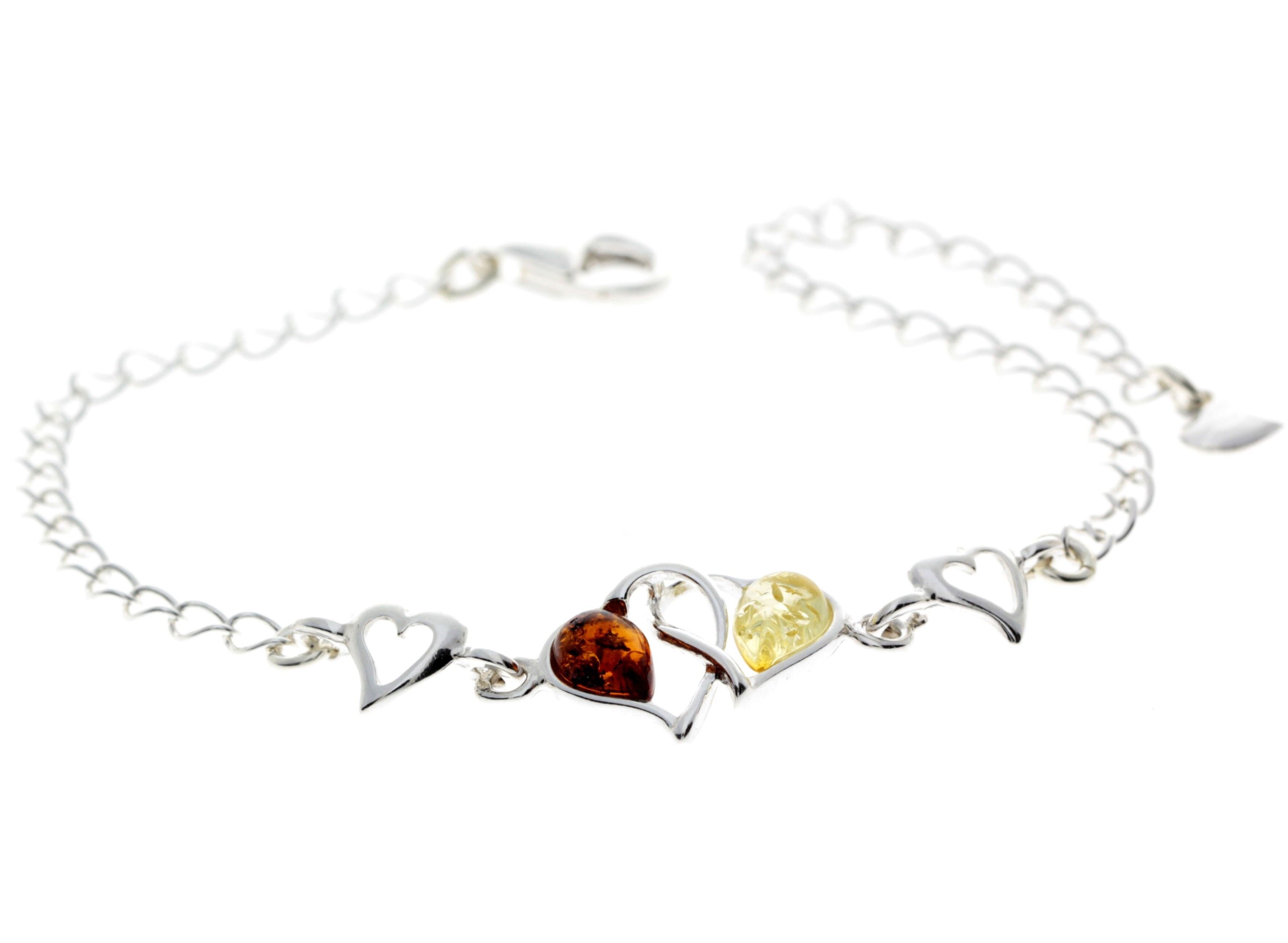 Bracciale regolabile con doppio cuore in argento sterling 925 e ambra baltica autentica - GL550S