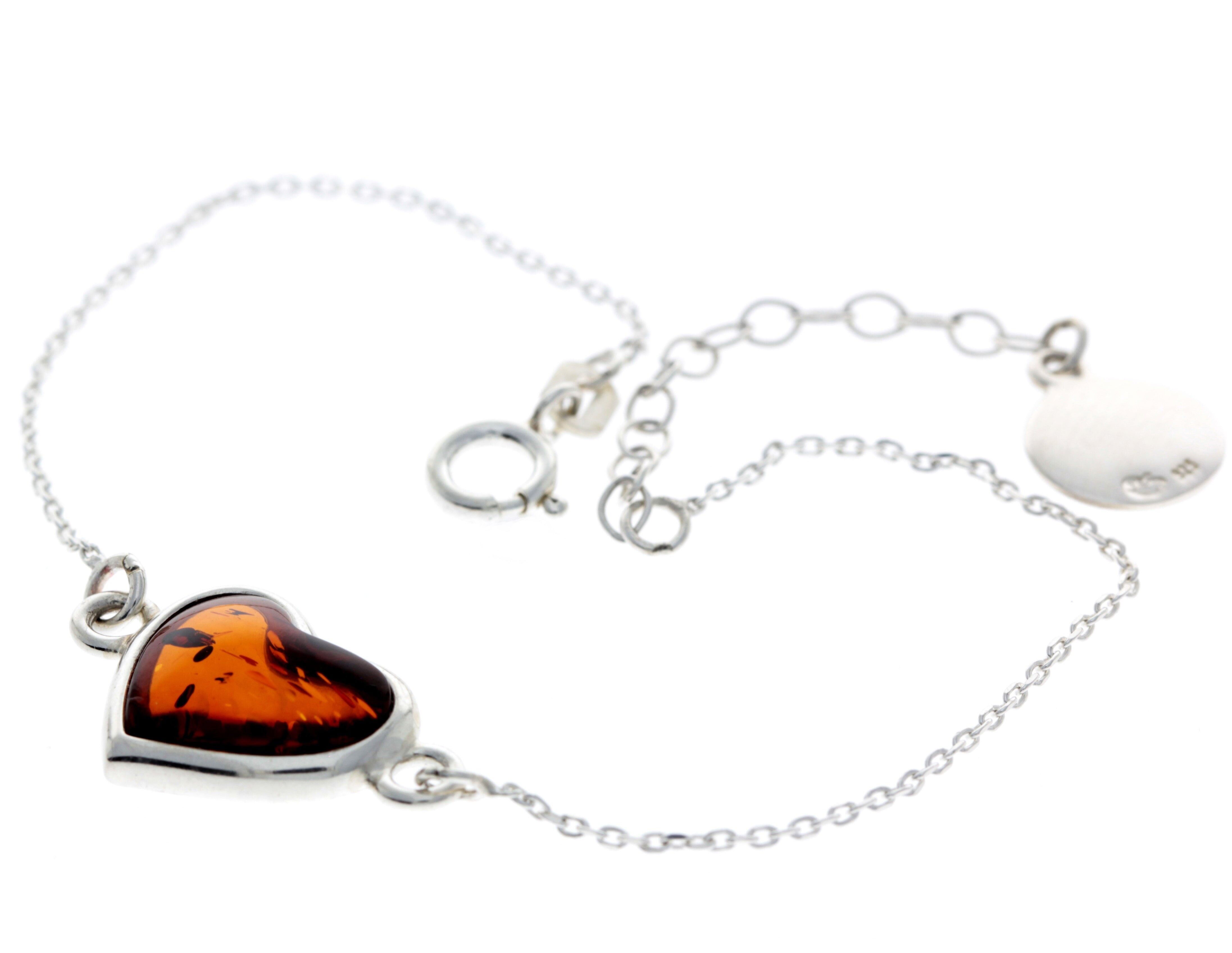 Pulsera de plata de ley 925 con corazón de ámbar báltico auténtico de 18 cm + 3 cm - AA503