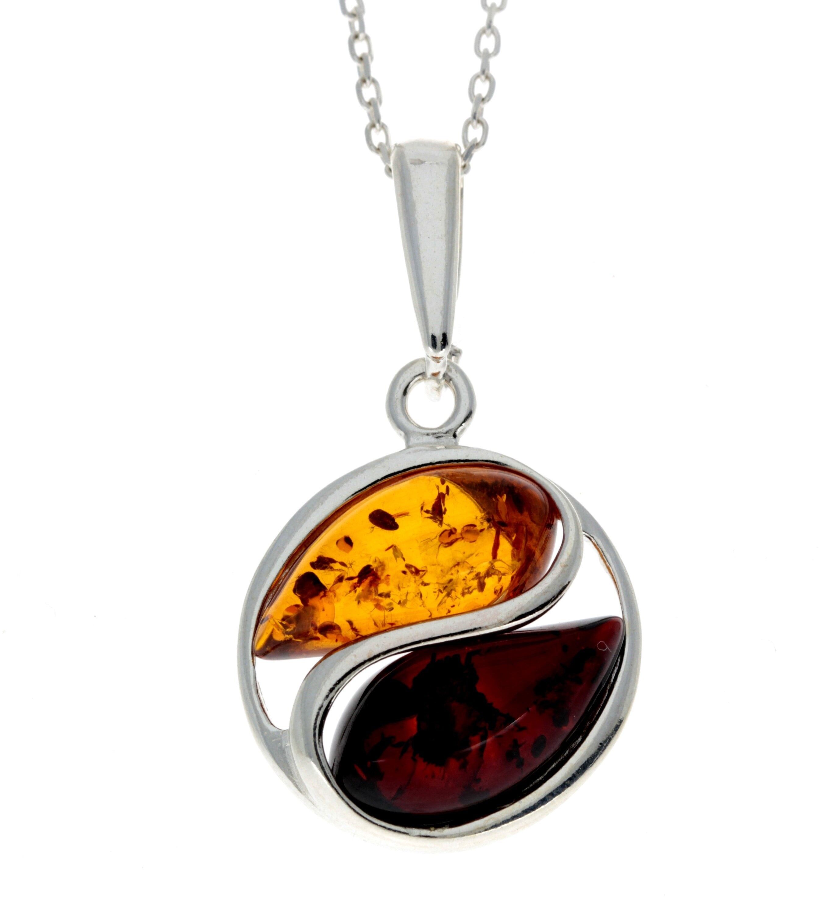 925 Sterling Silber & echter baltischer Bernstein Kraftvoller Yin Yang Anhänger - GL297A