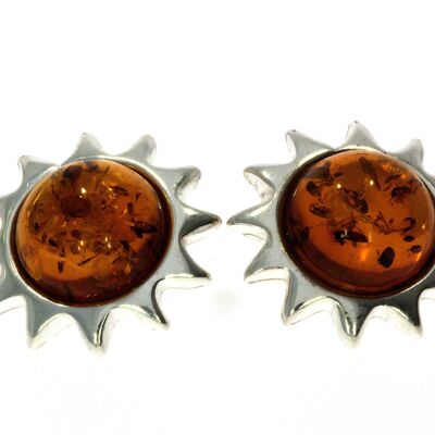 925 Sterling Silver & Genuine Baltic Amber Classic Suns Studs Earrings - 5205