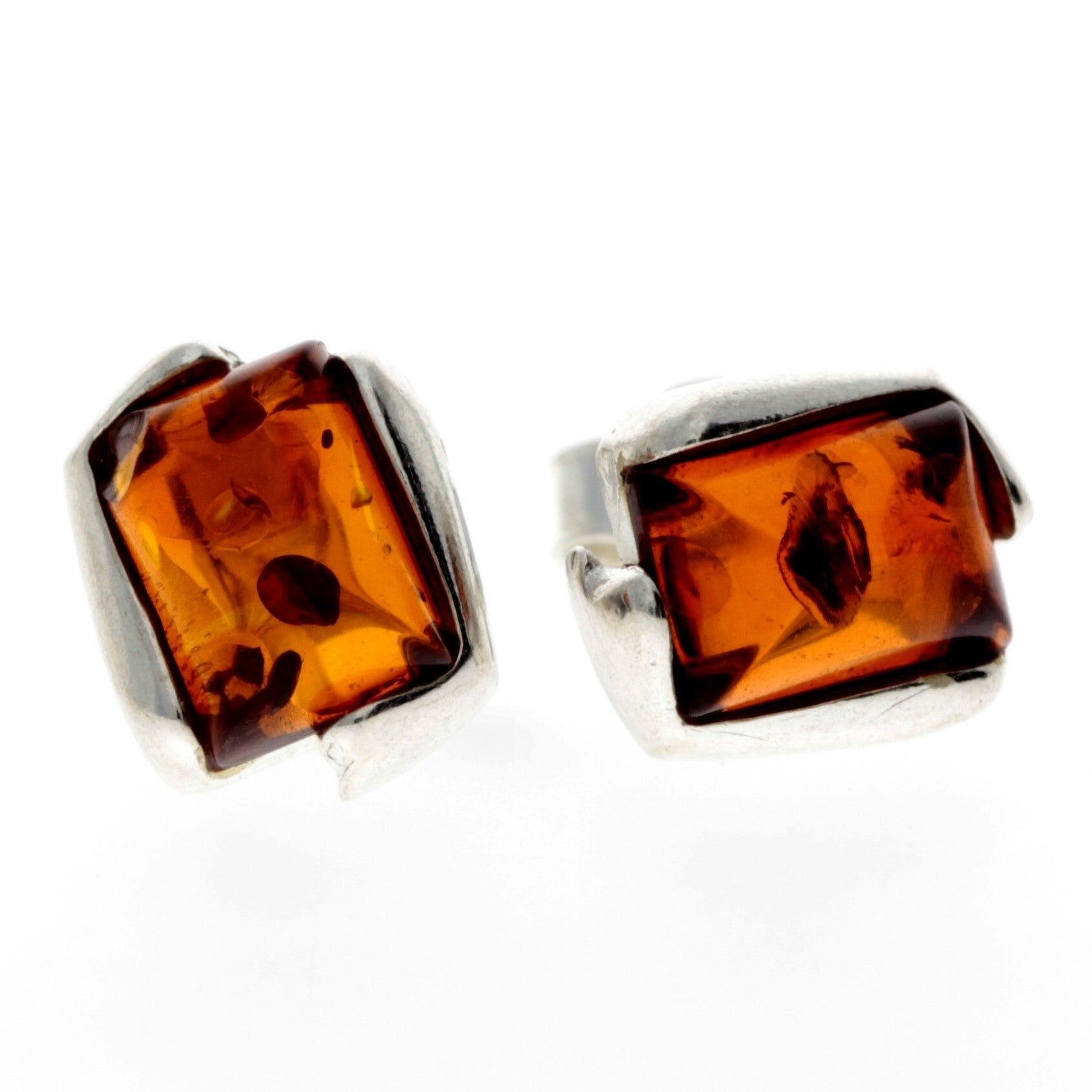 Pendientes clásicos rectangulares de plata de ley 925 y ámbar báltico auténtico - K017
