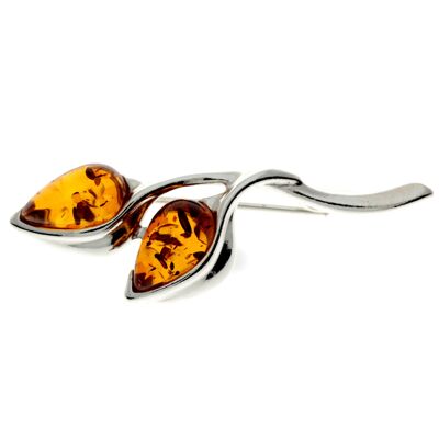 Spilla classica in argento sterling 925 e ambra baltica autentica con 2 pietre a goccia - GL821
