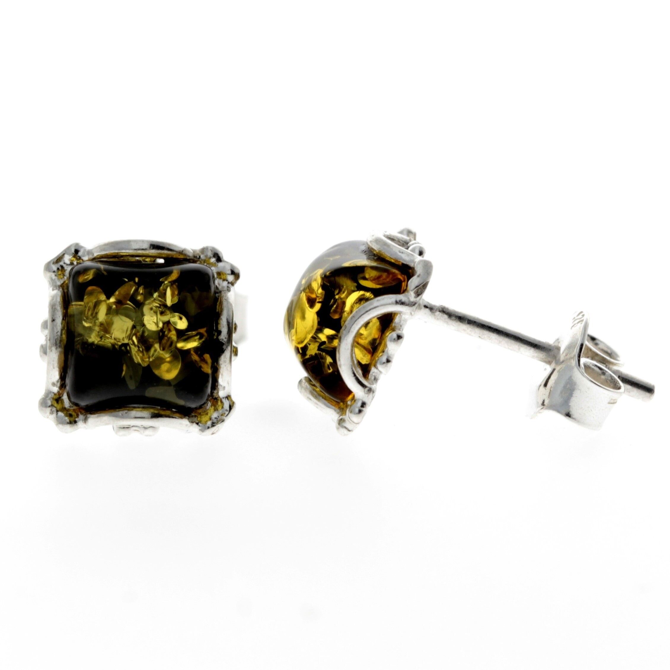 Pendientes clásicos rectangulares de plata de ley 925 y ámbar báltico auténtico - K003
