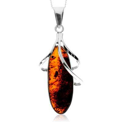 Ciondolo esclusivo e unico in argento sterling 925 e ambra baltica color cognac autentica - PD2411