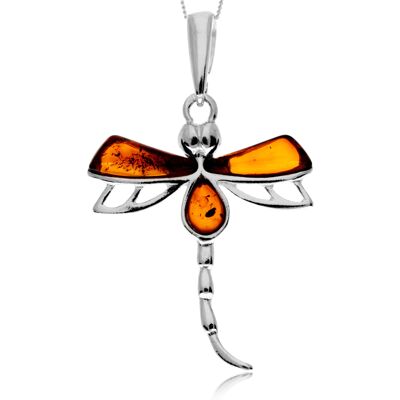 Ciondolo a forma di libellula in argento sterling 925 e ambra baltica autentica - GL2049