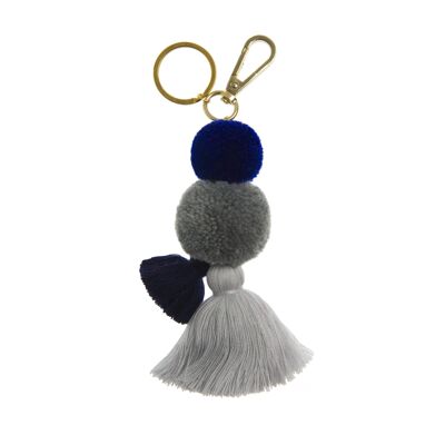 POM POM & TASSEL KEYRING / BAG CHARM - indigo and grey