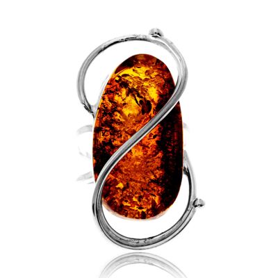 Anello esclusivo e unico in argento sterling 925 e ambra baltica color cognac autentica, regolabile - RG0833