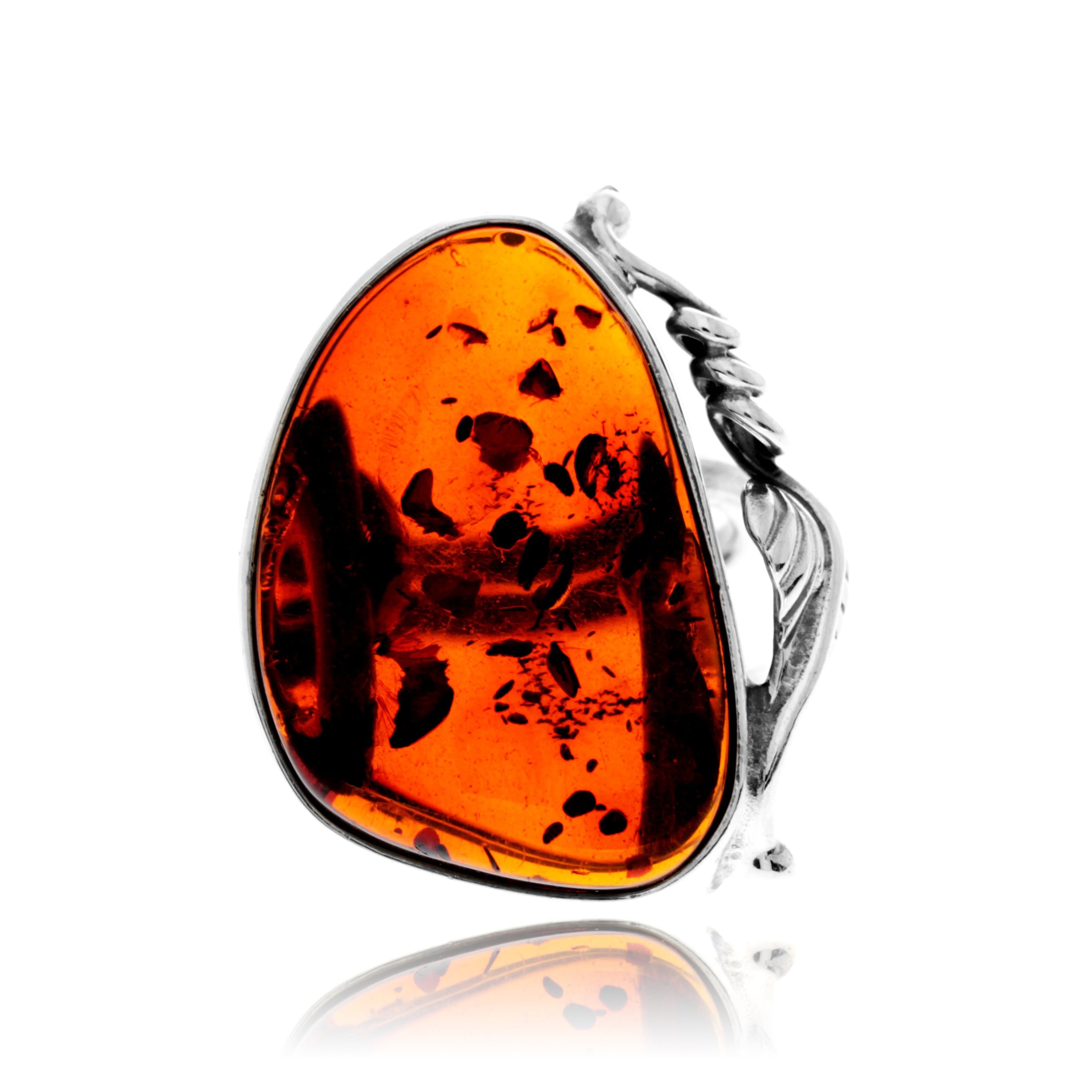 925 Sterling Silber & echter Cognac Baltischer Bernstein Einzigartiger exklusiver Ring mit verstellbarer Größe - RG0804