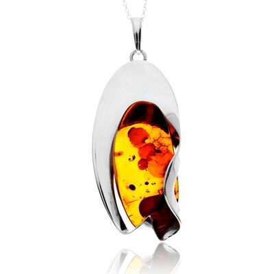 Pendentif exclusif unique en argent sterling 925 et ambre de la Baltique véritable couleur cognac sans chaîne - PD2536