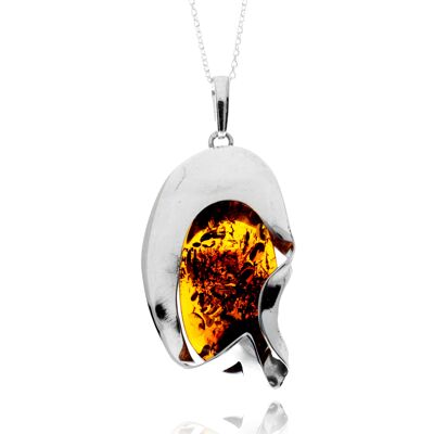 Pendentif exclusif unique en argent sterling 925 et ambre de la Baltique véritable couleur cognac sans chaîne - PD2537