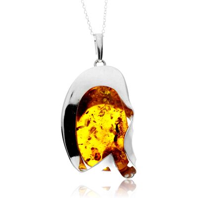 Pendentif exclusif unique en argent sterling 925 et ambre de la Baltique véritable couleur cognac sans chaîne - PD2540
