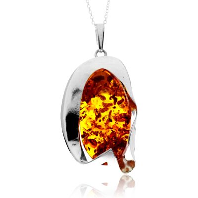 Pendentif exclusif unique en argent sterling 925 et ambre de la Baltique véritable couleur cognac sans chaîne - PD2544