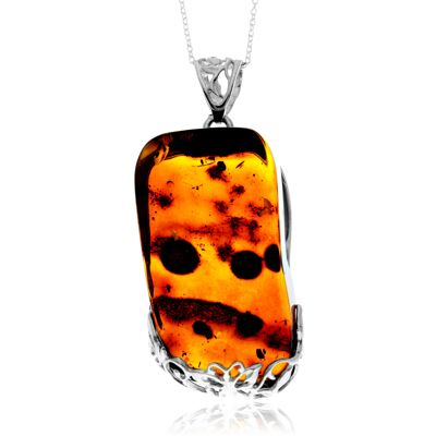 Pendentif exclusif unique en argent sterling 925 et ambre de la Baltique véritable couleur cognac sans chaîne - PD2547