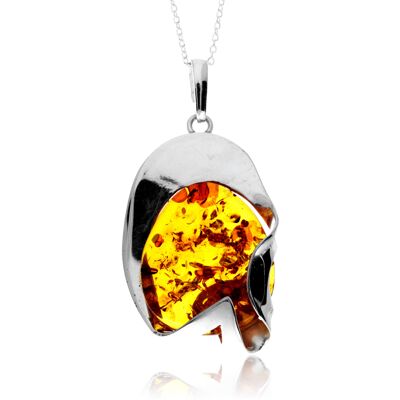 Pendentif exclusif unique en argent sterling 925 et ambre de la Baltique véritable couleur cognac sans chaîne - PD2546