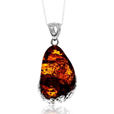 Pendentif exclusif unique en argent sterling 925 et ambre de la Baltique véritable couleur cognac sans chaîne - PD2550