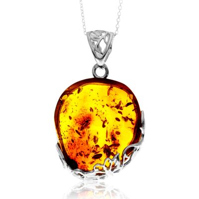 Pendentif exclusif unique en argent sterling 925 et ambre de la Baltique véritable couleur cognac sans chaîne - PD2555