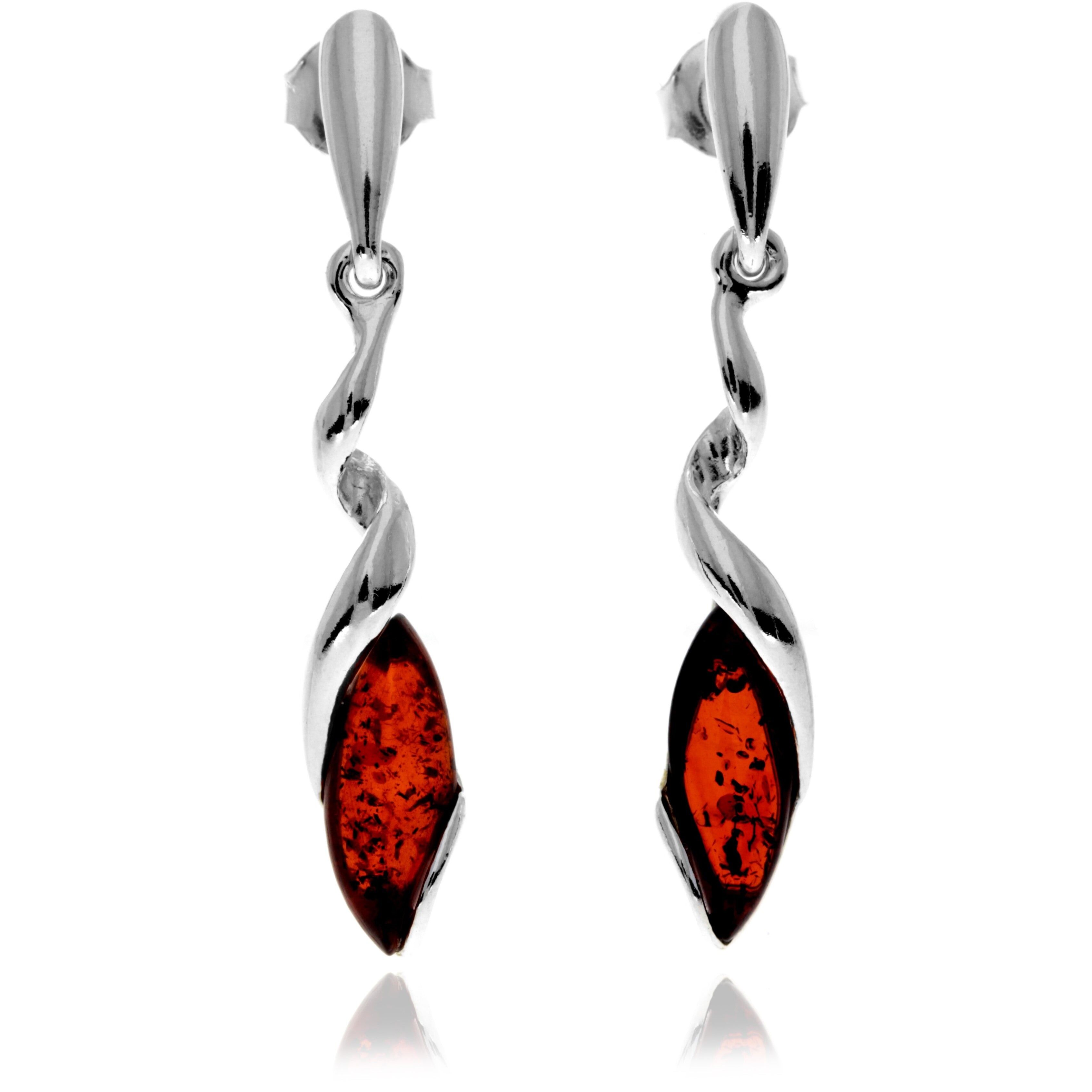 Moderne, gelockte Tropfenohrringe aus 925er Sterlingsilber und echtem baltischen Bernstein – GL1044