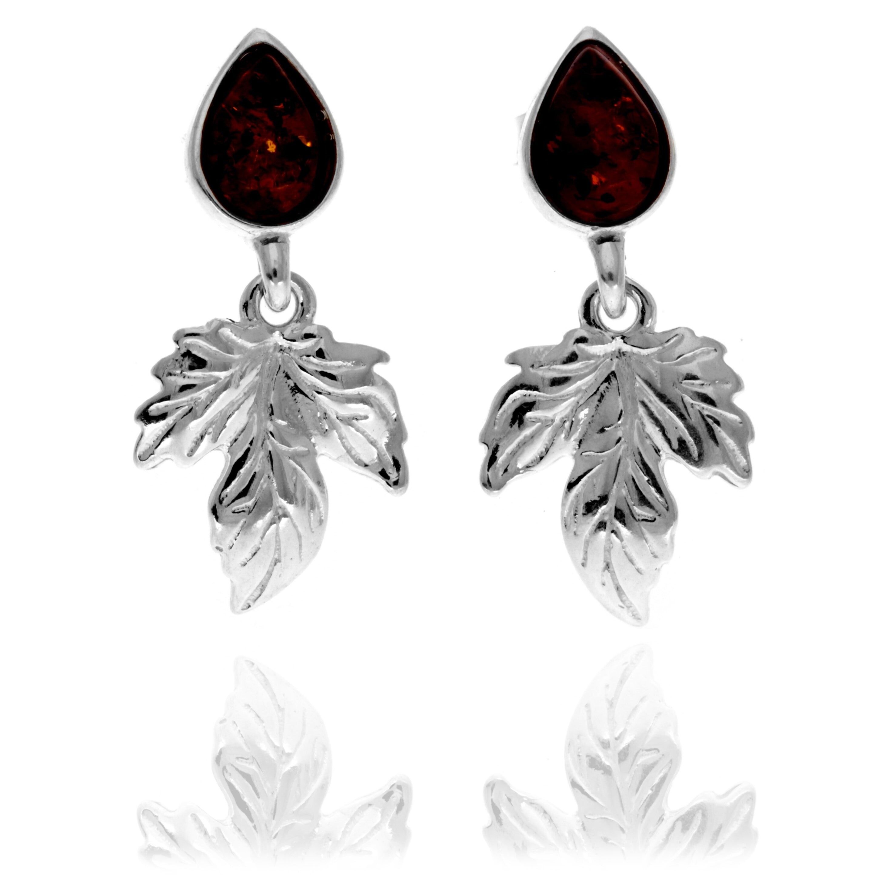 Orecchini pendenti moderni a forma di foglia in argento sterling 925 e ambra baltica autentica a goccia - GL1039