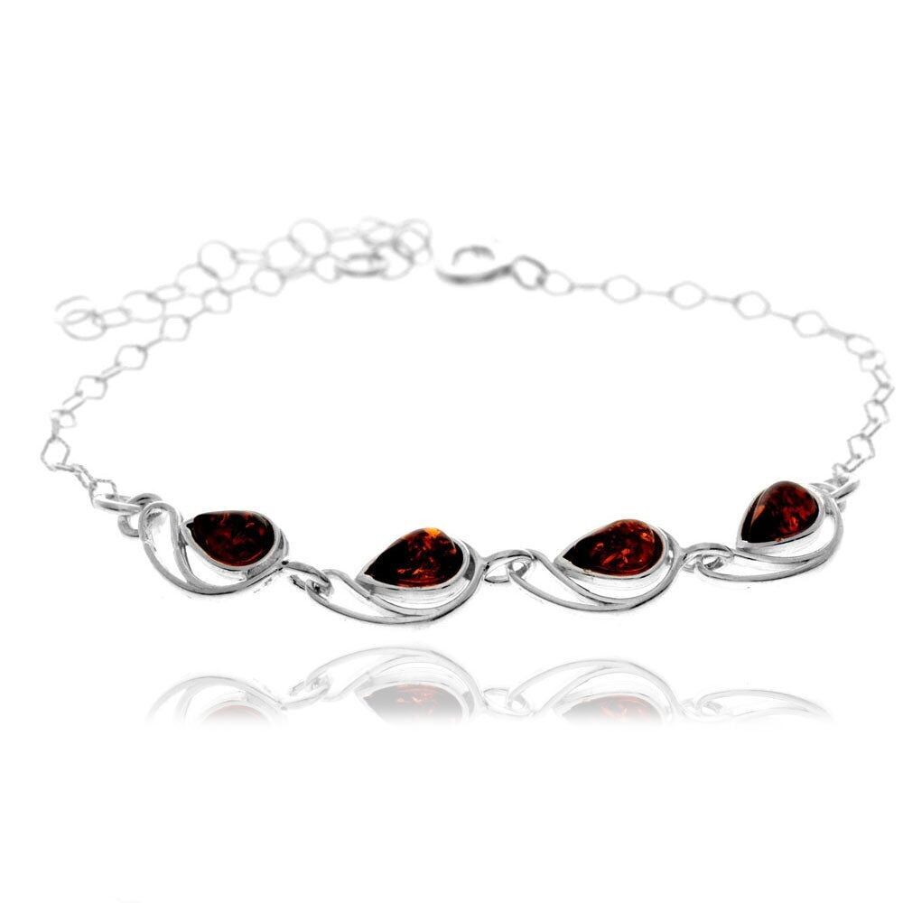 Verstellbares Armband aus 925er Sterlingsilber und echtem baltischen Bernstein in Cognac - M556