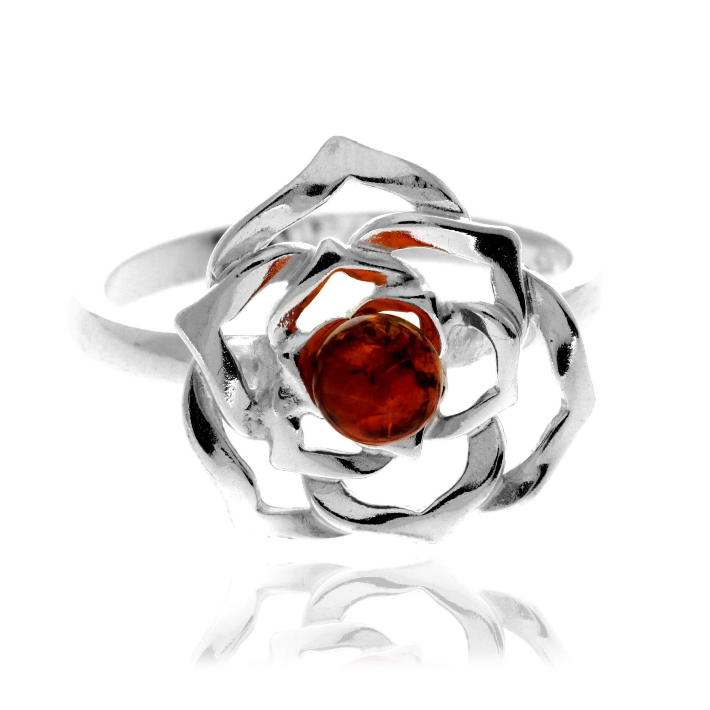 Anello in argento sterling 925 e ambra baltica autentica con rosa - 7538