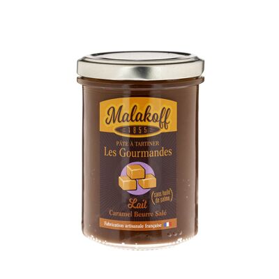 Crema spalmabile al cioccolato e caramello (con pezzi di caramello al burro salato) Vaso da 240g senza olio di palma.