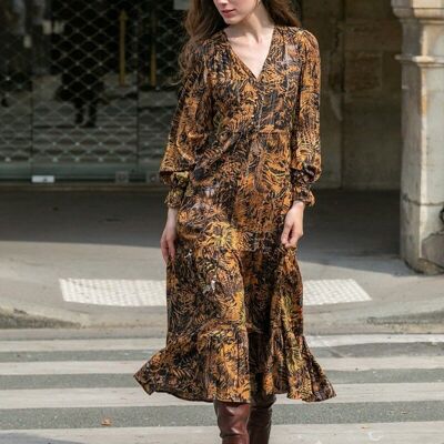 Long printed dress with LUREX drawstring tightening with bells,